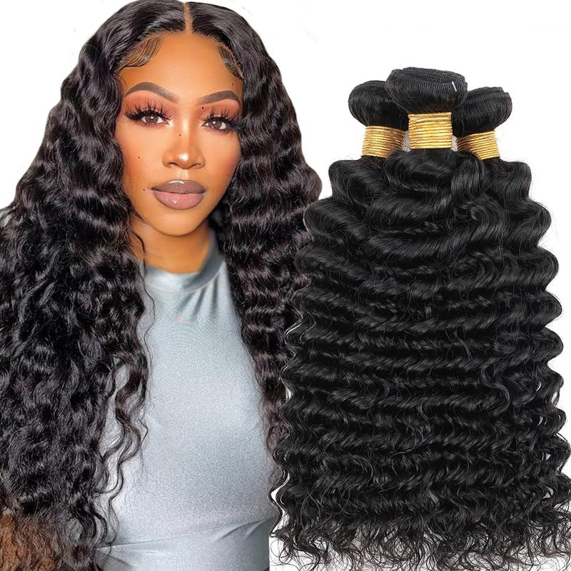 Misoun Human Hair Bundles Deep Wave Brazilian Bundles 16 18 20inch 12A 100% Unprocessed Virgin Deep Wave Quick Weave Bundles Raw Human Hair 3 Bundles Deals Natural Black - Image 1